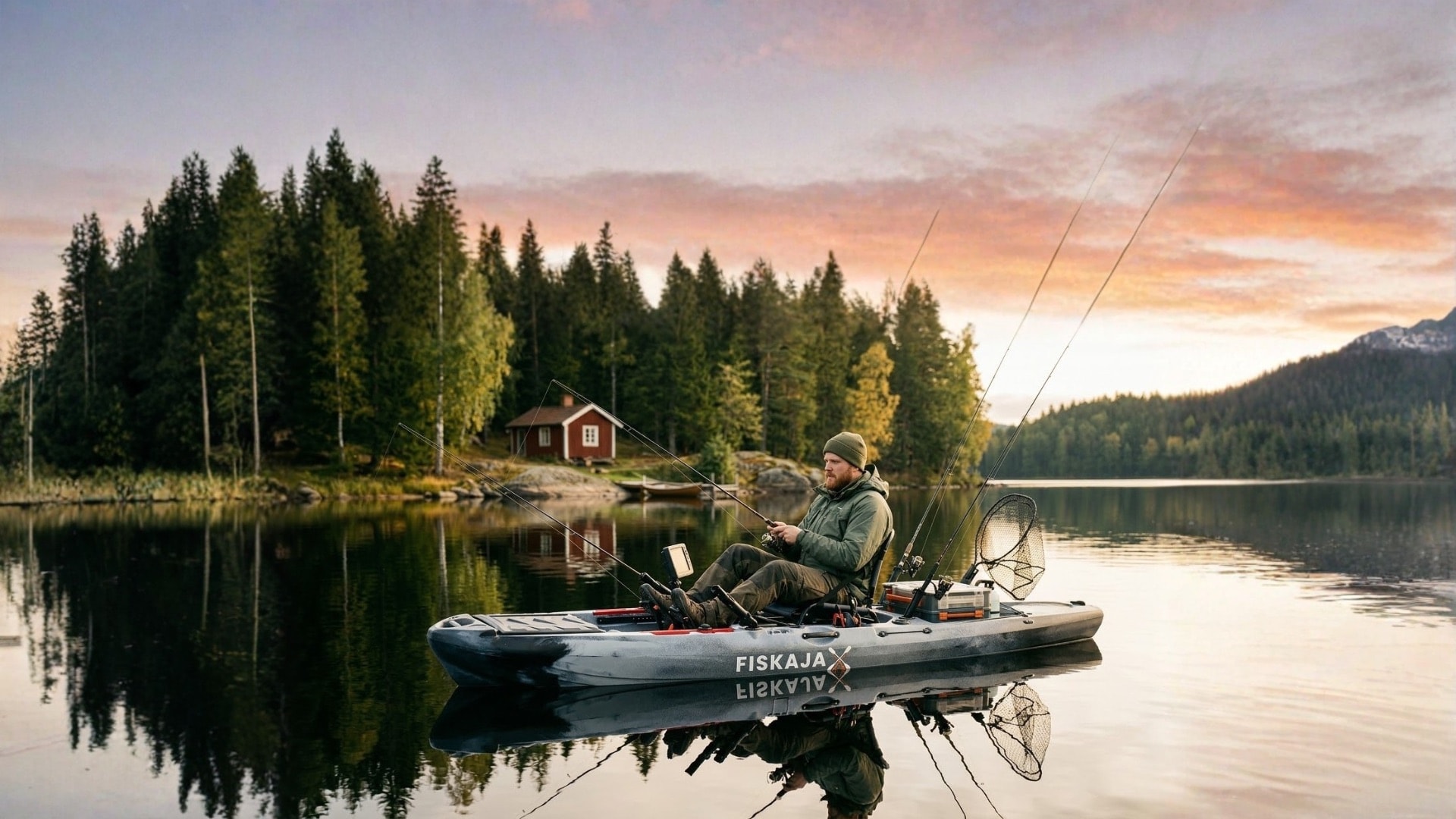 FiskajaX kayak on Swedish lake at sunset
